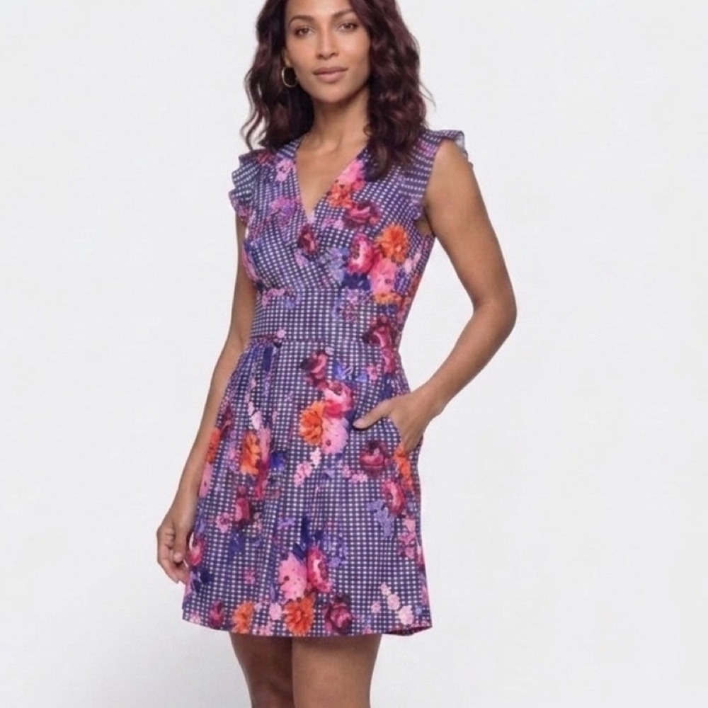 Chris McLaughlin Fit and Flare Dress Women 16 Blue Gingham Floral Ruffle V-Neck